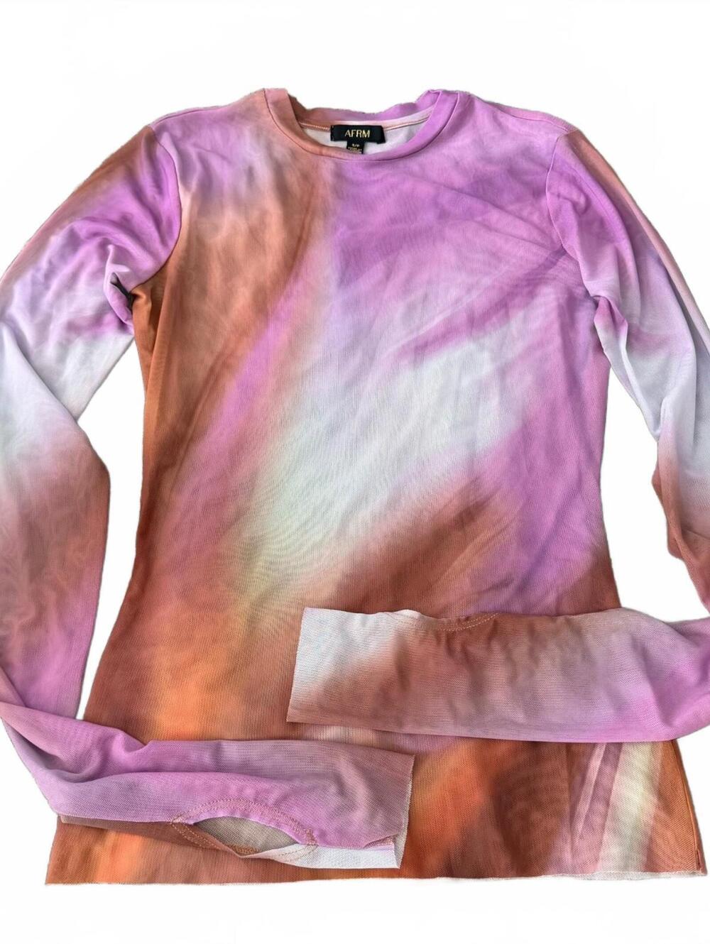 AFRM Size Small Pink Purple Orange Tie Dye Sheer Mesh Long Sleeve Top